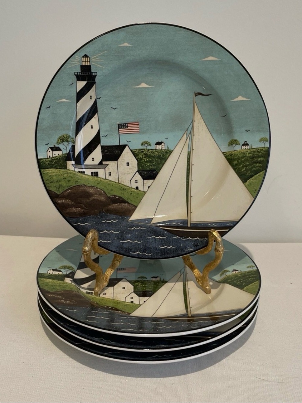 Sakura Nautical Lighthouse & Sailboat Salad Plate - Teal, White, Black